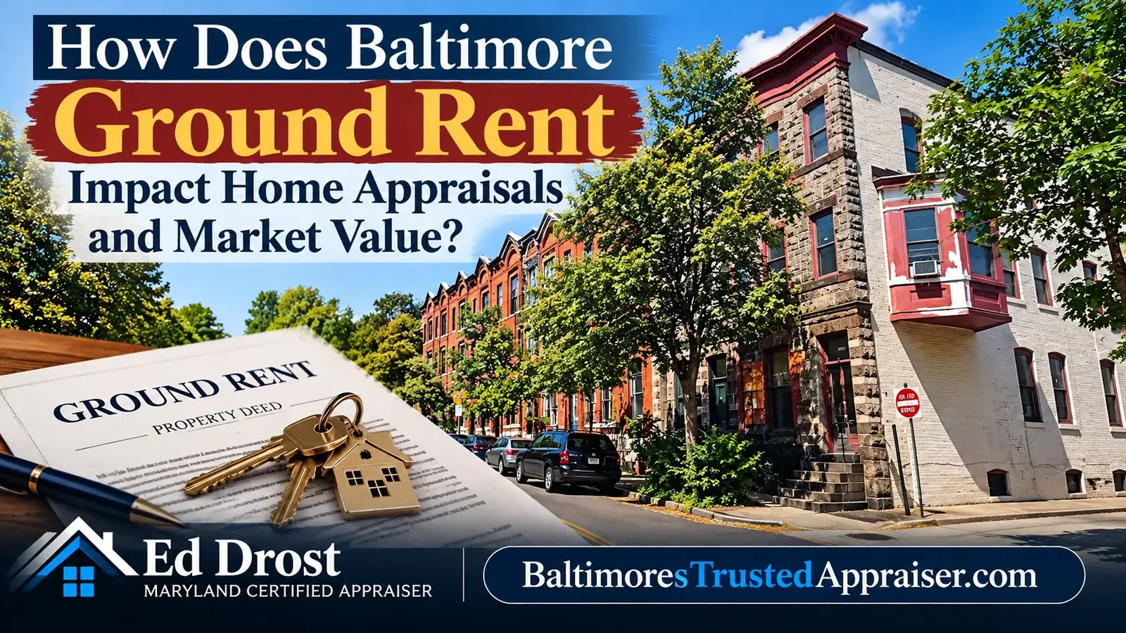 Baltimore brick rowhouses with a ground rent property deed and house-shaped keys, with the title How Does Baltimore Ground Rent Impact Home Appraisals and Market Value? by Ed Drost.