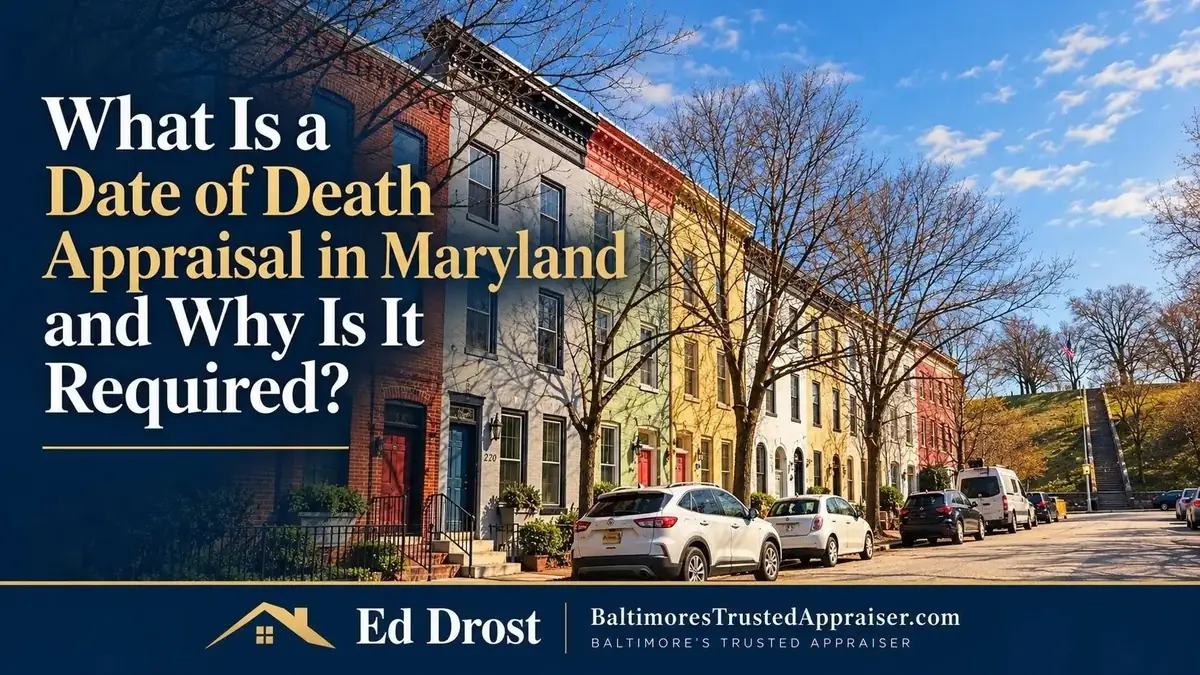 Federal Hill rowhouses in Baltimore, illustrating a Maryland date-of-death appraisal for inherited property.