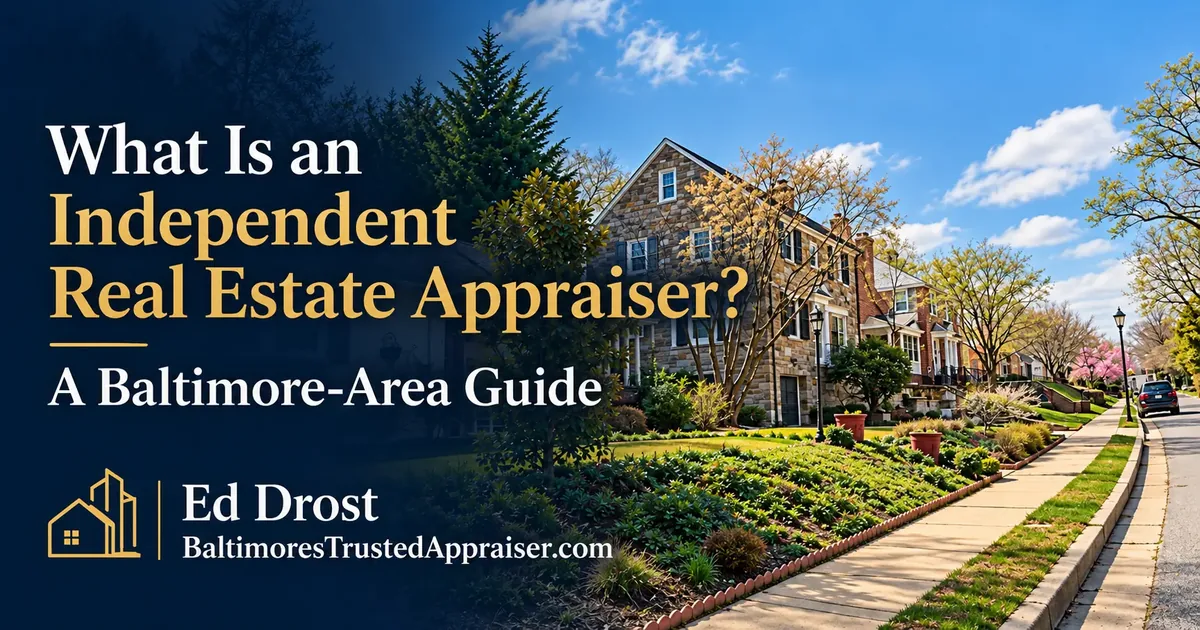 What Is an Independent Real Estate Appraiser? A Baltimore-Area Guide by Ed Drost, over a stone home on a tree-lined street.