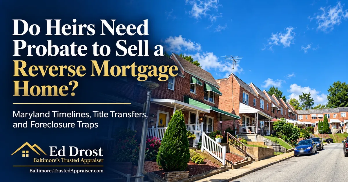 Brick Baltimore rowhouses on a sloping street with the title Do Heirs Need Probate to Sell a Reverse Mortgage Home? Maryland Timelines, Title Transfers, and Foreclosure Traps by Ed Drost.