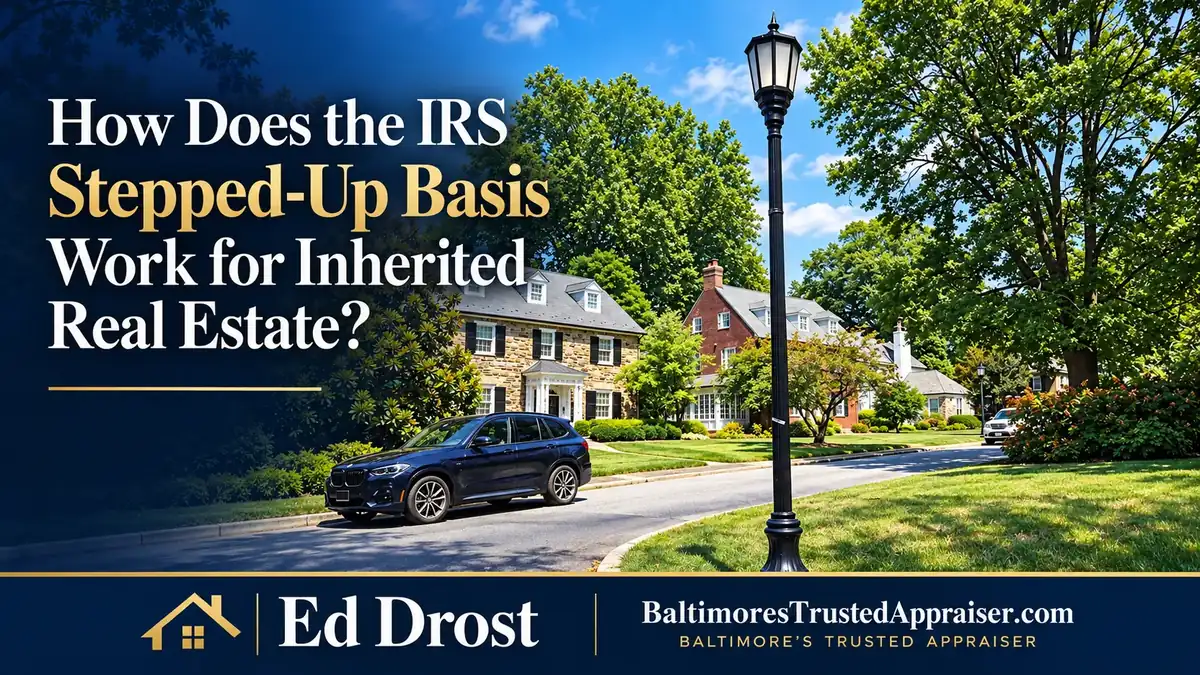 Stone and brick homes on a tree-lined Maryland street, with the title How Does the IRS Stepped-Up Basis Work for Inherited Real Estate?