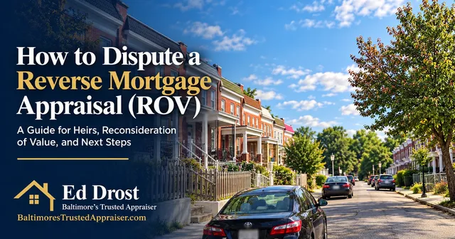 Baltimore brick rowhouses on a tree-lined street with the title How to Dispute a Reverse Mortgage Appraisal (ROV): A Guide for Heirs, Reconsideration of Value, and Next Steps by Ed Drost.