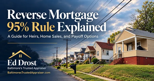 Baltimore-area homes along a street at dusk with the title Reverse Mortgage 95% Rule Explained: A Guide for Heirs, Home Sales, and Payoff Options by Ed Drost.