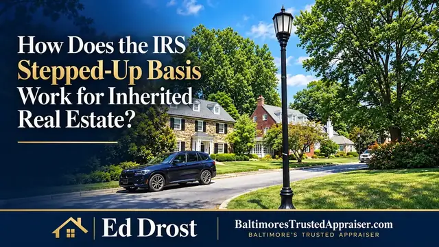 Stone and brick homes on a tree-lined Maryland street, with the title How Does the IRS Stepped-Up Basis Work for Inherited Real Estate?