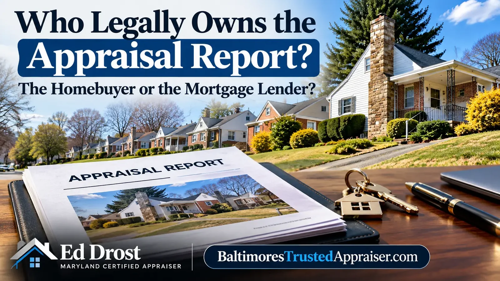 Appraisal report and house-shaped keys in front of a Baltimore-area neighborhood with the title Who Legally Owns the Appraisal Report: The Homebuyer or the Mortgage Lender? by Ed Drost.